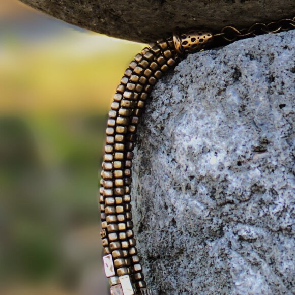 CHICO'S Multi-Strand Hammered Brass Bead Bib Necklace. - Picture 7 of 9